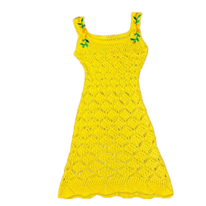🌷 Crochet Knit Floral Embroidery Dress 🌷 Vibrant Yellow